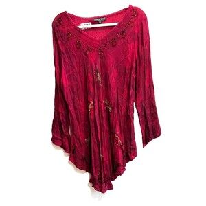 Greater Good Women Burgundy Tunic Blouse 1X/2X Embroidered Boho Lagenlook Hippie